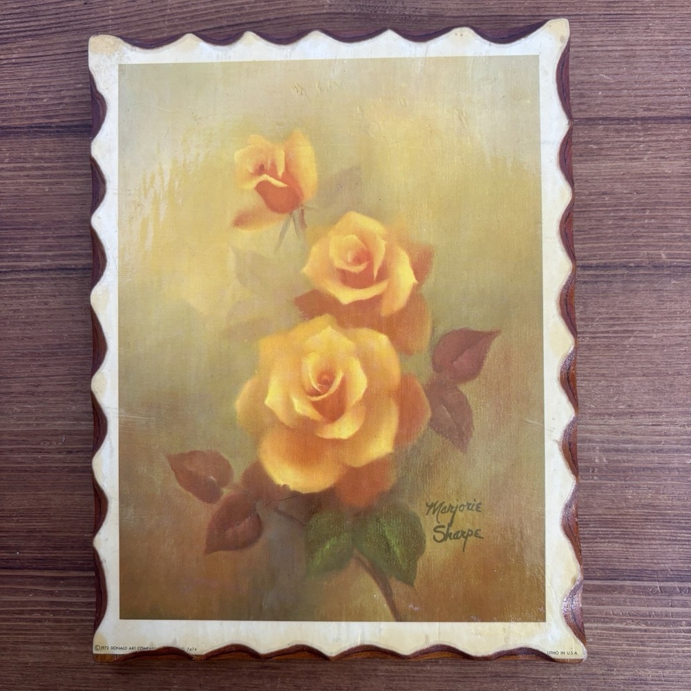 1972 Marjorie Sharpe Wood Mounted Yellow Roses Lithograph 9x7"